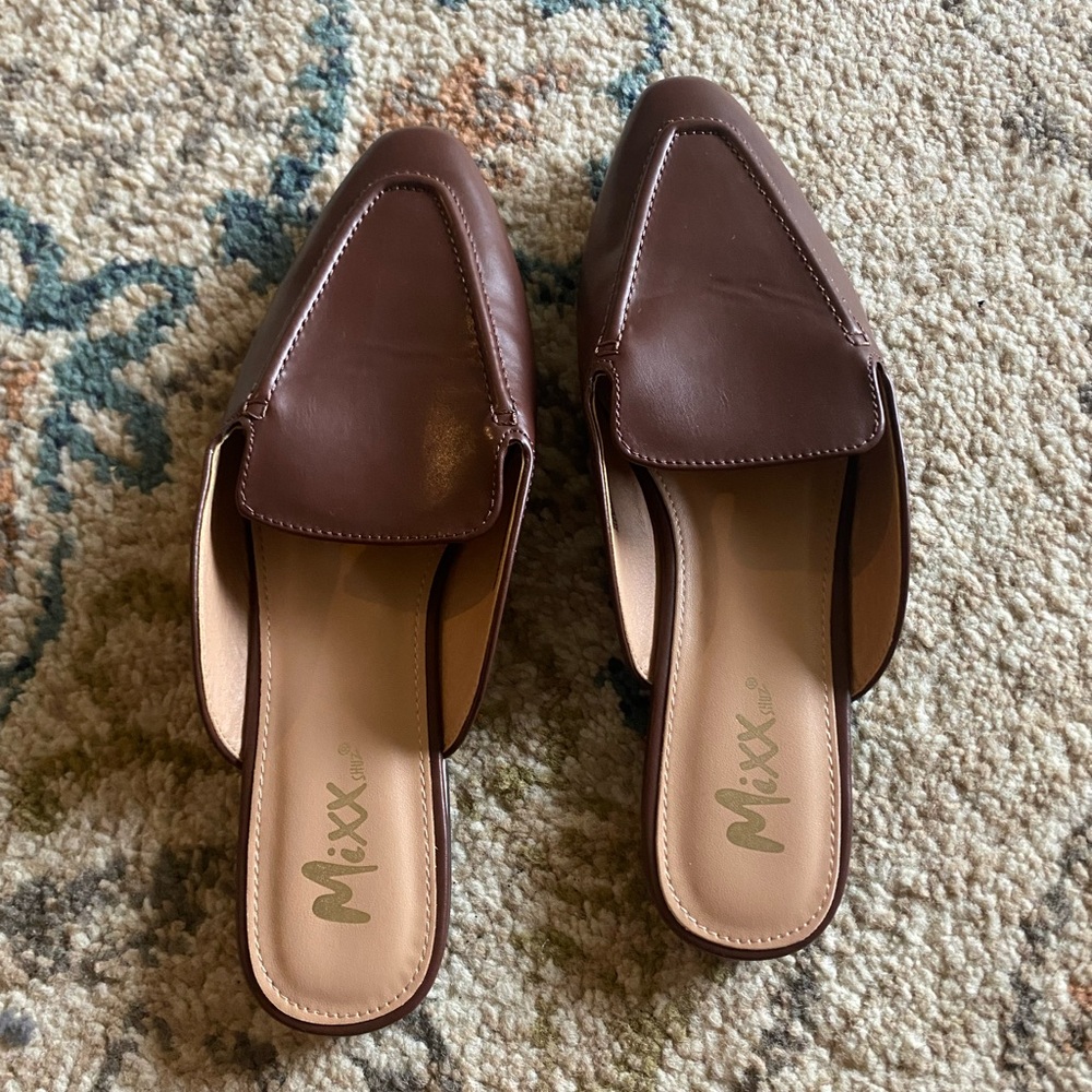 Brown faux leather office mules. Size 8